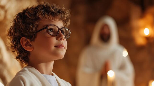 A young boy with glasses gazes thoughtfully towards a serene, spiritual figure, capturing a moment of curiosity and inspiration in a dimly lit cave.