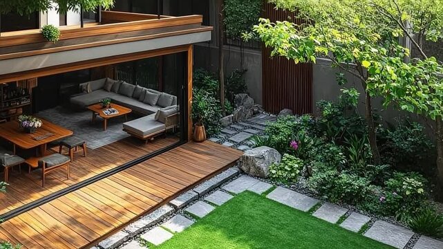 Large open patio with a wooden deck and a stone walkway. The patio is surrounded by trees and has a lush green lawn. The patio is furnished with a couch, chairs, and a dining table