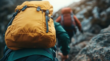 A dynamic image of hikers carrying backpacks as they climb a steep and rugged rocky trail, embodying the spirit of adventure and the thrill of outdoor exploration in nature.
