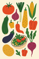 A vibrant collection of fresh, healthy vegetables including tomato, carrot, onion, pepper, cucumber, eggplant, and zucchini, isolated for illustration