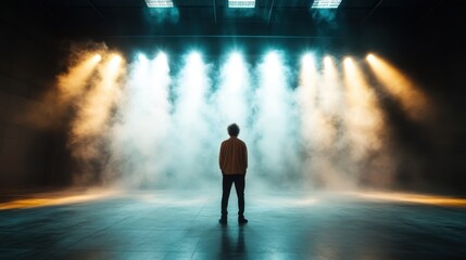 A captivating silhouette of a person standing on stage amidst dramatic fog and spotlight effects, representing the allure and mystery of performance art and personal expression.