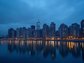 Fototapeta premium Cityscape Reflection: Modern Skyscrapers at Dusk Over Calm Water