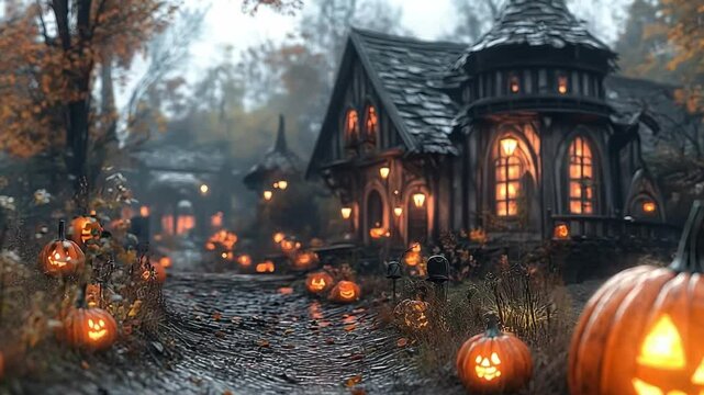 House with a porch lit up with pumpkins and lanterns. concept of halloween celebration october 31