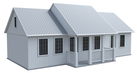White cottage mockup with porch and gable window. 3d illustration transparent background	