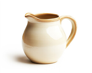 Cream-colored ceramic pitcher isolated on a white backdrop.