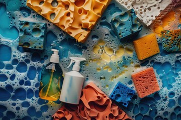 Flawless Image of Top View Arrangement with Spray Bottle and Sponges