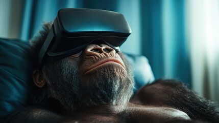 A unique and humorous image of a gorilla lounging with a VR headset, depicting the intersection of nature and technology, and creating a playful atmosphere in a cozy setting.