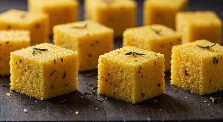 Golden Cornmeal Cubes On Dark Wooden Board