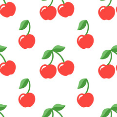 Cartoon seamless pattern of red cherries isolated on white background.
