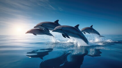 Four dolphins jump above the sea surface. Generative Ai