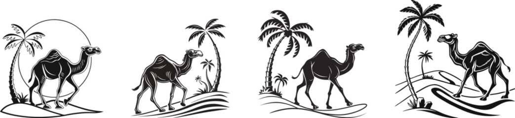 camel in desert with palm tree set silhouette vector illustration