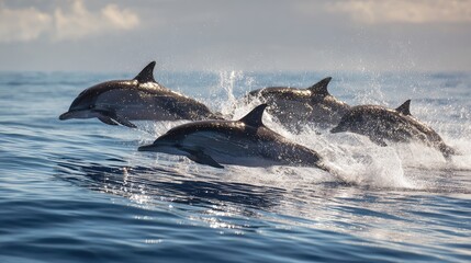 Fototapeta premium Four dolphins jump above the sea surface. Generative Ai