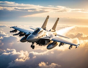 Obraz premium Fighter Jet in Flight Over Clouds at Sunset with Beautiful Sky Colors and Contrails