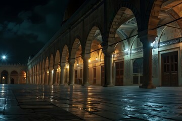 Illuminated registan square at night samarkand architectural beauty ethereal setting captivating perspective, Empty train station platform at night, lit by golden light, Arched gothic hallway 

