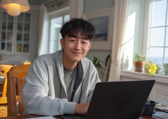 A welcoming portrait of a young Asian male student or freelancer smiling at the camera while working on his laptop in a bright, modern home