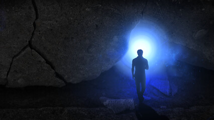 Silhouette Figure Entering Blue Portal in Dark Cracked Corridor Background