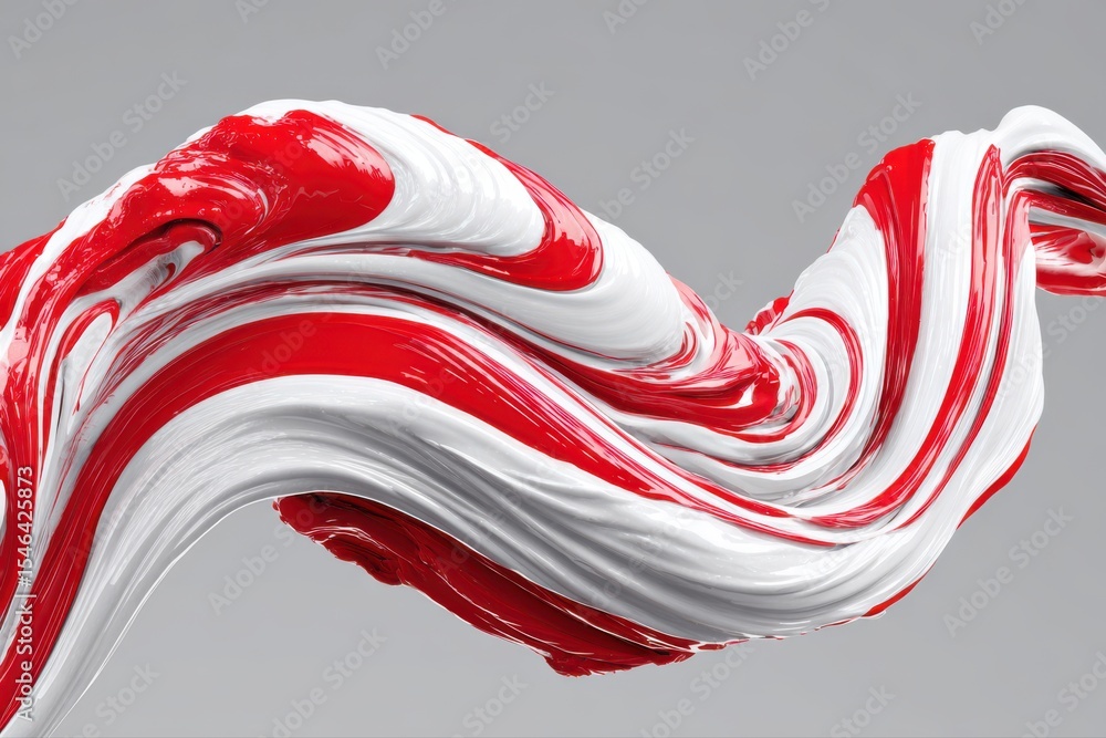 Poster a dynamic 3d illustration of red and white fluid waves swirling on a gray background, creating an ab