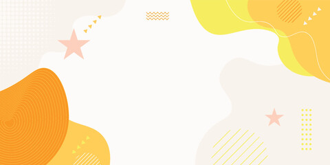 Abstract colorful orange Memphis flat geometric shapes background. Abstract composition with lines square dot triangle circle and wavy flat style. Design for poster, presentation, card, cover, banner.