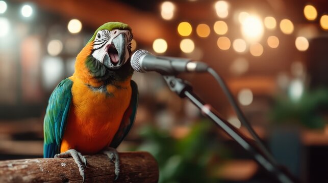 A vibrant macaw parrot sings into a microphone, showcasing its colorful plumage and playful personality, highlighting the fascinating interaction between humans and wildlife.