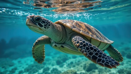 Fototapeta premium Green sea turtle gracefully swimming in tropical blue ocean water near a coral reef