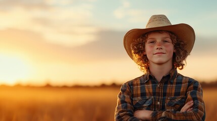 A young boy wearing a straw hat stands confidently in a golden field at sunset, embodying a sense of hope, pride, and belonging to the beauty of nature and rural life.