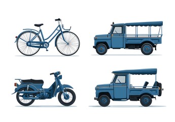 Fototapeta premium A blue motorcycle, a blue truck, a blue car, and a blue bus