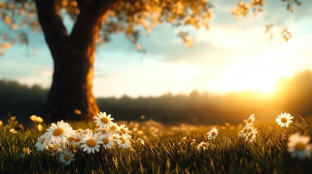 A serene landscape showing a vibrant sunset behind a tree, with daisies blooming in the foreground, evoking peace and the beauty of nature's simplicity.
