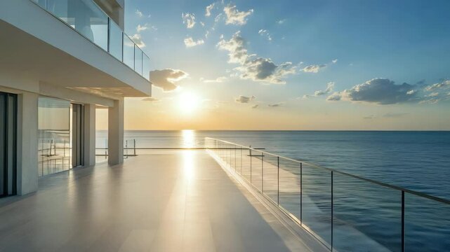 Oceanfront celebration deck with neutral tones, glass railing and evening sun reflections