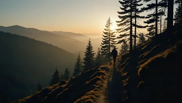 A lone hiker walking on a sunlit forest ridge surrounded by tall trees and overlooking layered misty mountains in the warm glow of sunrise. Nature concept
