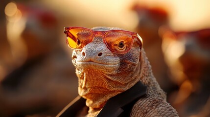 A humorous depiction of a Komodo dragon wearing stylish sunglasses, capturing the essence of a playful juxtaposition between nature and human-like attributes.