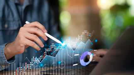 statistical analyst using calculator to calculate and statistics charts ,business growth graph...
