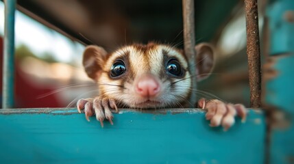 A close-up of a small, adorable animal with big eyes peeking out from behind the bars of a cage, capturing curiosity and innocence in a gentle light.