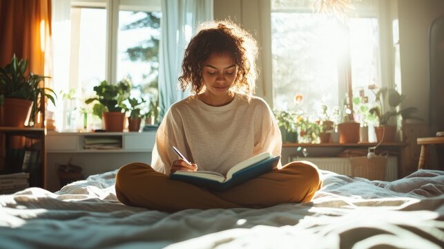 A thoughtful young woman sits cross-legged on her bed, journaling in a sunlit room surrounded by indoor plants, reflecting a peaceful and creative atmosphere.