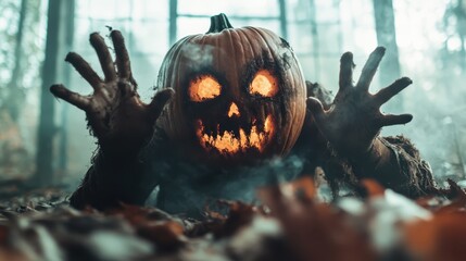 An eerie, glowing pumpkin emerges in a foggy forest, showcasing the blend of nature and supernatural that embodies the spirit of Halloween and autumn themes.