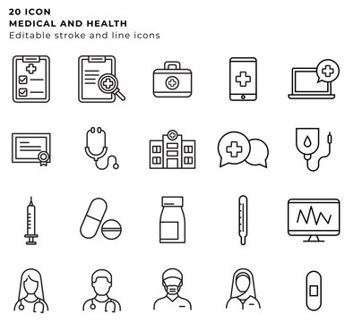 20 editable medical and health line icon illustration set