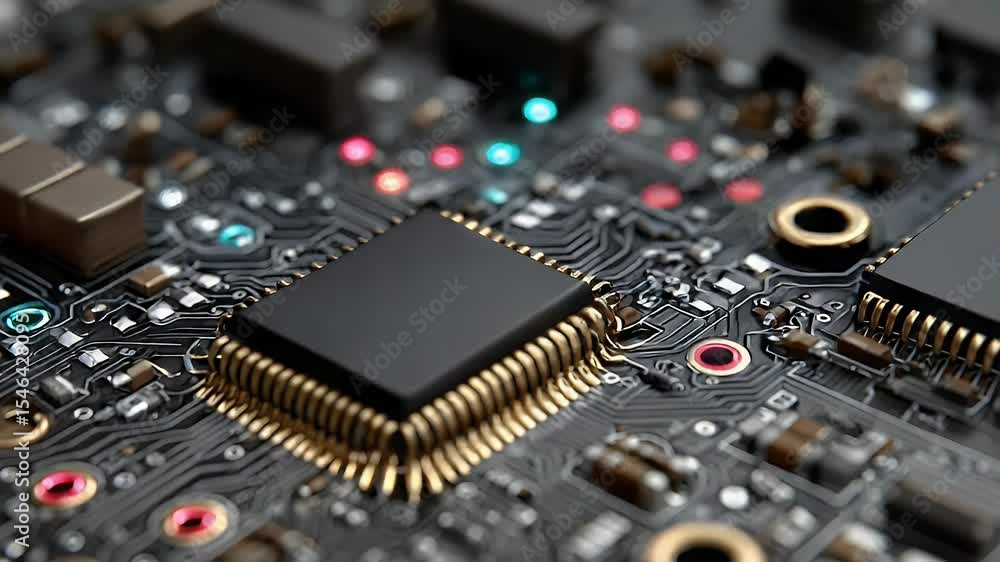 Poster detailed close-up of a modern computer motherboard with a central processing unit and glowing led li