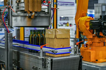 Cardboard boxes on conveyor belt. parcels transportation system concept	