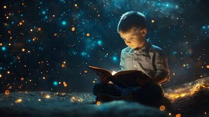 Young boy reading a book under a starry sky, surrounded by glowing particles and magic - Powered by Adobe