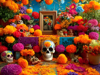 A colorful Day of the Dead altar with marigolds, sugar skulls, and a framed photo.