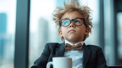 This delightful image features a thoughtful child dressed in a smart suit, seated in an office setting, evoking a sense of curiosity and ambition beyond their years.