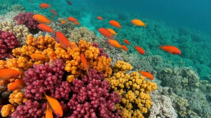 Obraz premium Vivid coral reefs teem with colorful fish in this underwater scene, perfect for nature websites, educational materials, or decor, Ideal for promoting marine conservation or aquatic tourism,