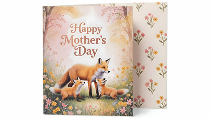 Happy Mother's Day - Cute Cartoon Fox Family with Baby Foxes, Flowers & Butterflies - Heartwarming Greeting Card Design