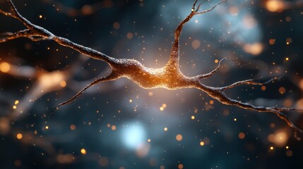 A stunning visualization of a glowing neuron intricately designed with sparkling effects, representing the beauty of human brain activity and connectivity in a dynamic manner.