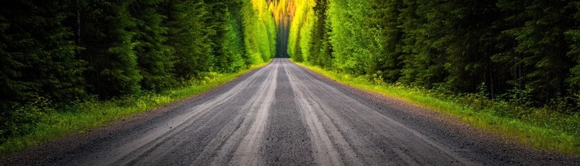 Fototapeta premium A serene dirt road stretches through lush greenery, bordered by towering trees that create a natural tunnel effect, ideal for travel-themed projects, nature brochures, or outdoor adventure promotions