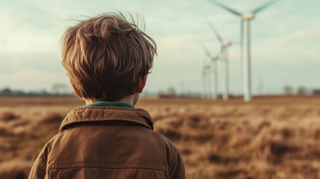 A young boy looks thoughtfully at towering wind turbines scattered across an expansive field, representing the future of renewable energy and the innocence of childhood curiosity.