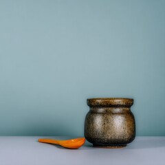 A rustic wooden container paired with a simple spoon against a soft blue background, perfect for culinary or home decor themes, Ideal for blogs, recipe sites, or lifestyle magazines,