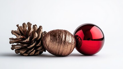 An elegantly arranged Christmas decoration featuring a glimmering red bauble alongside a natural pine cone, embodying the festive spirit and holiday warmth in style.