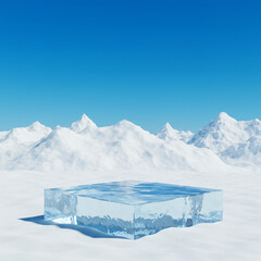 Crystal Clear Ice Cube on Snowy Mountain Landscape: A Stunning Winter Scene isolated  background