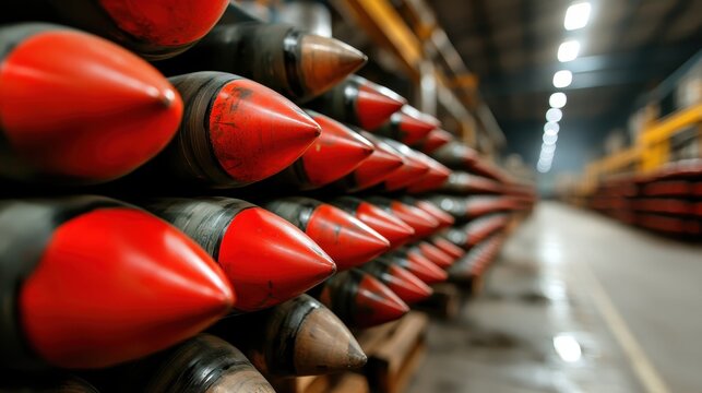 Rows of military munitions with striking red tips promise a powerful presence, symbolizing strength, readiness, and the complexity of human conflict.