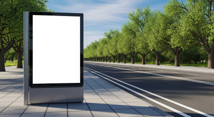 A vertical billboard with a blank white screen stands by a road lined with green trees